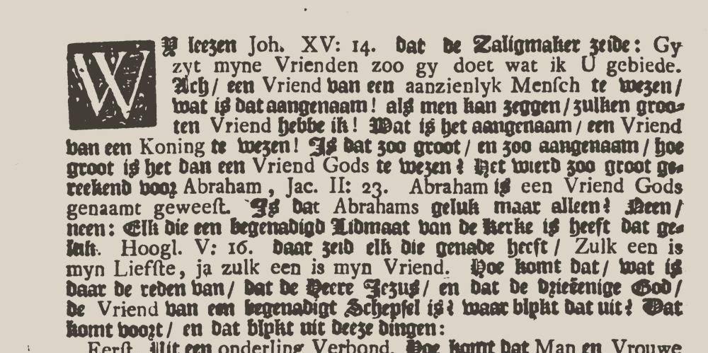 Uitsnede van een gedrukte pagina uit de achttiende eeuw in gotische letter.